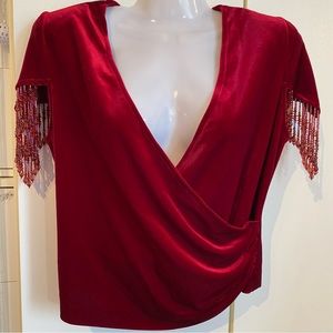 2 Piece Burgundy Velvet Beaded Top and Skirt Set